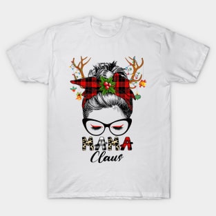 Mama Claus Reindeer Messy Bun Wink Eye Christmas Family Matching T-Shirt